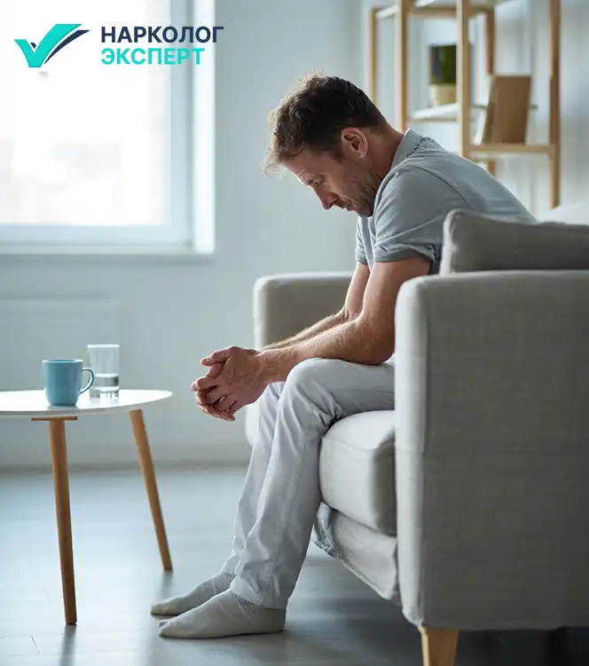 Мужчина грустно смотрит в пол